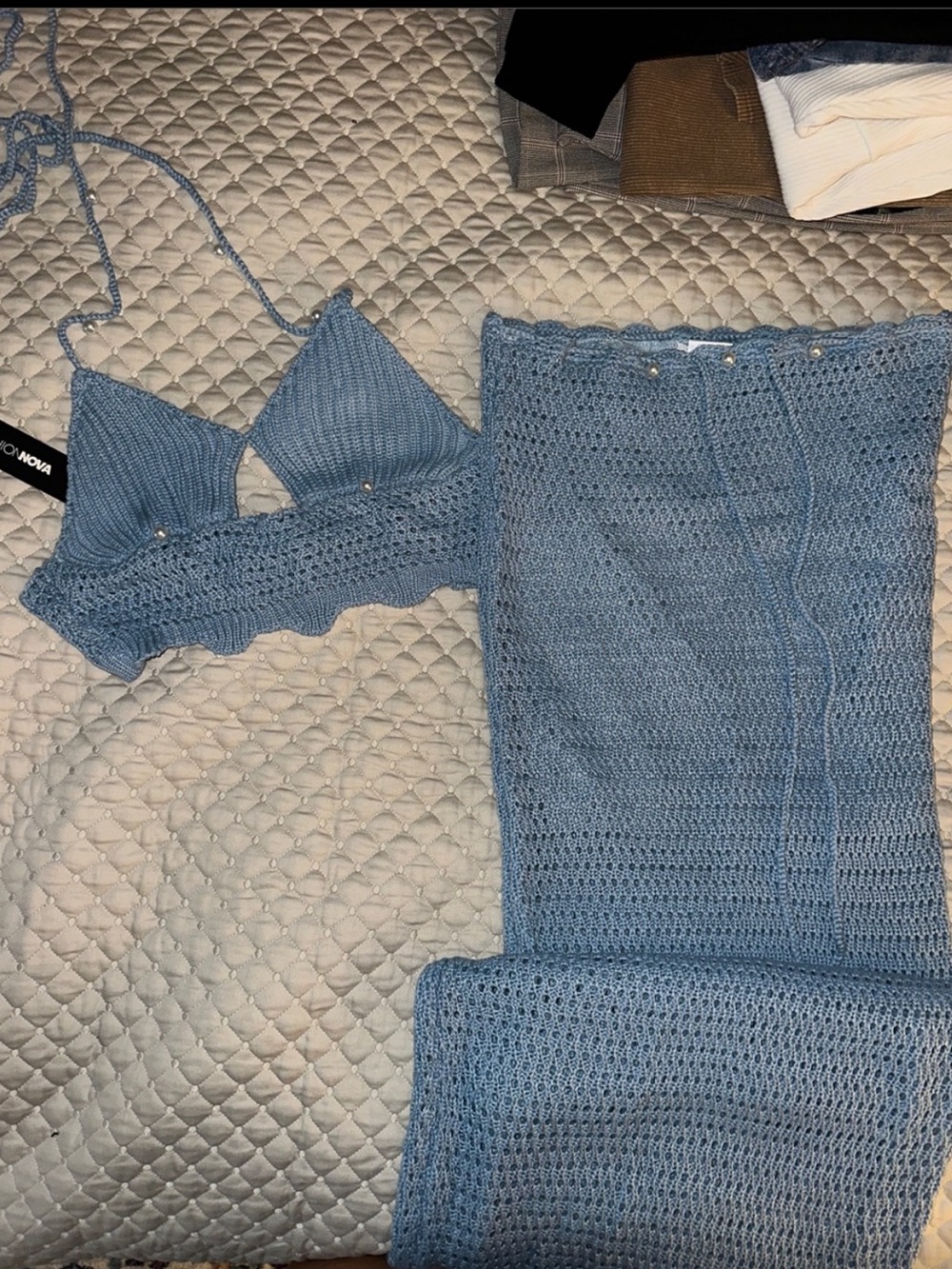 Fashion Nova Light Blue Crochet Top and Skirt Set